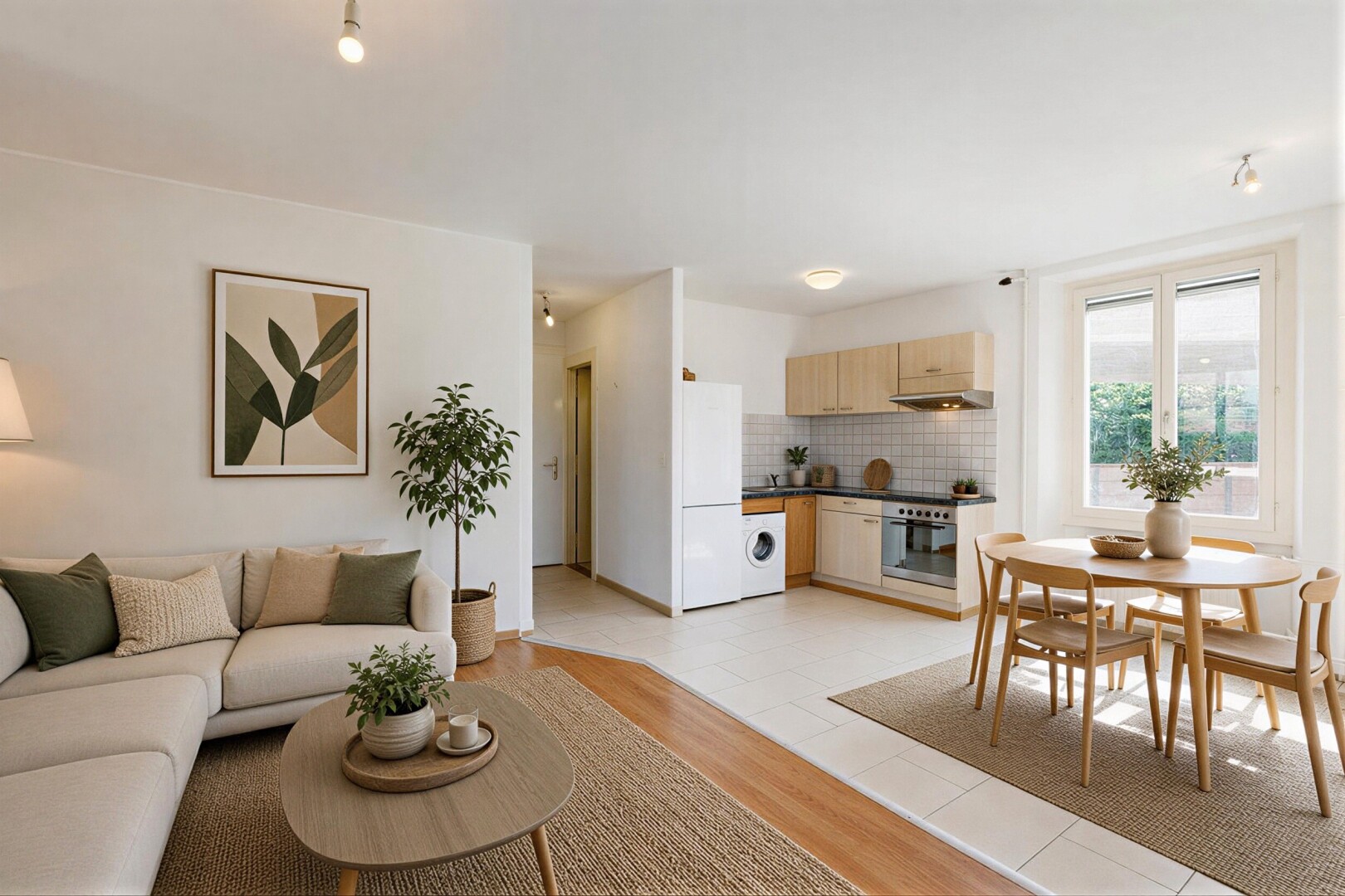 cuisine avec plans de travail, dark countertops, light floor, sol en carrelage, et tile floor