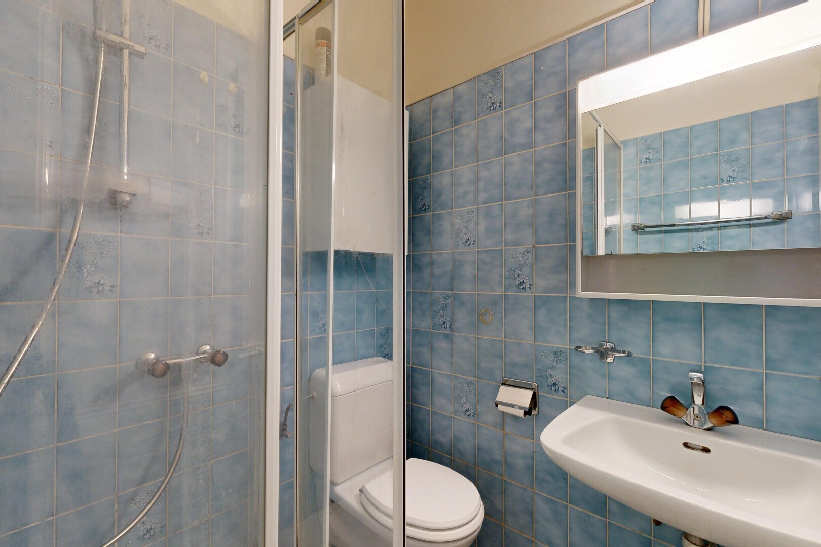 salle de bains avec miroir, douche, mur en carrelage, tile wall, et salle de bain complète