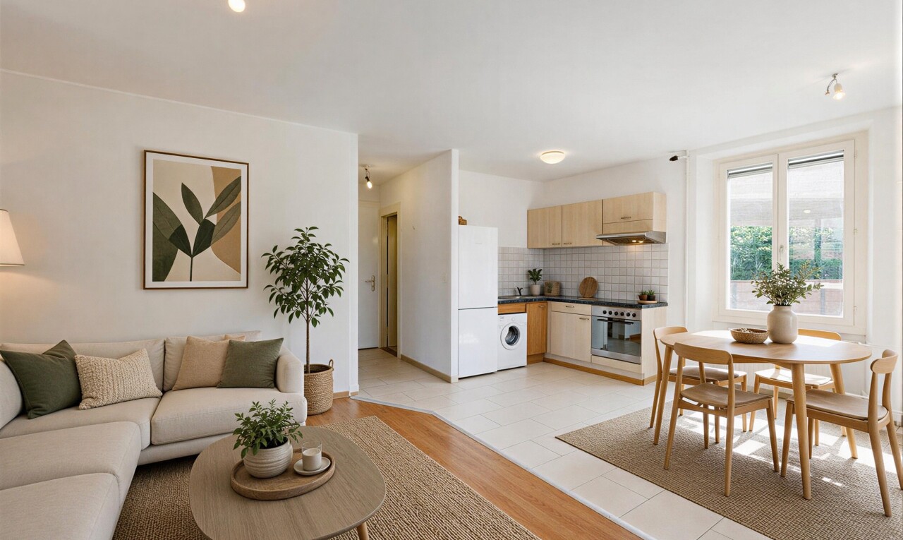 cuisine avec plans de travail, dark countertops, light floor, sol en carrelage, et tile floor
