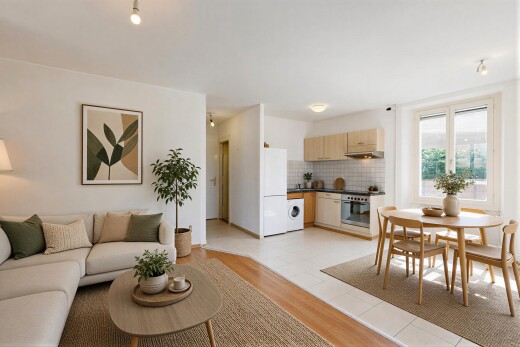 cuisine avec plans de travail, dark countertops, light floor, sol en carrelage, et tile floor