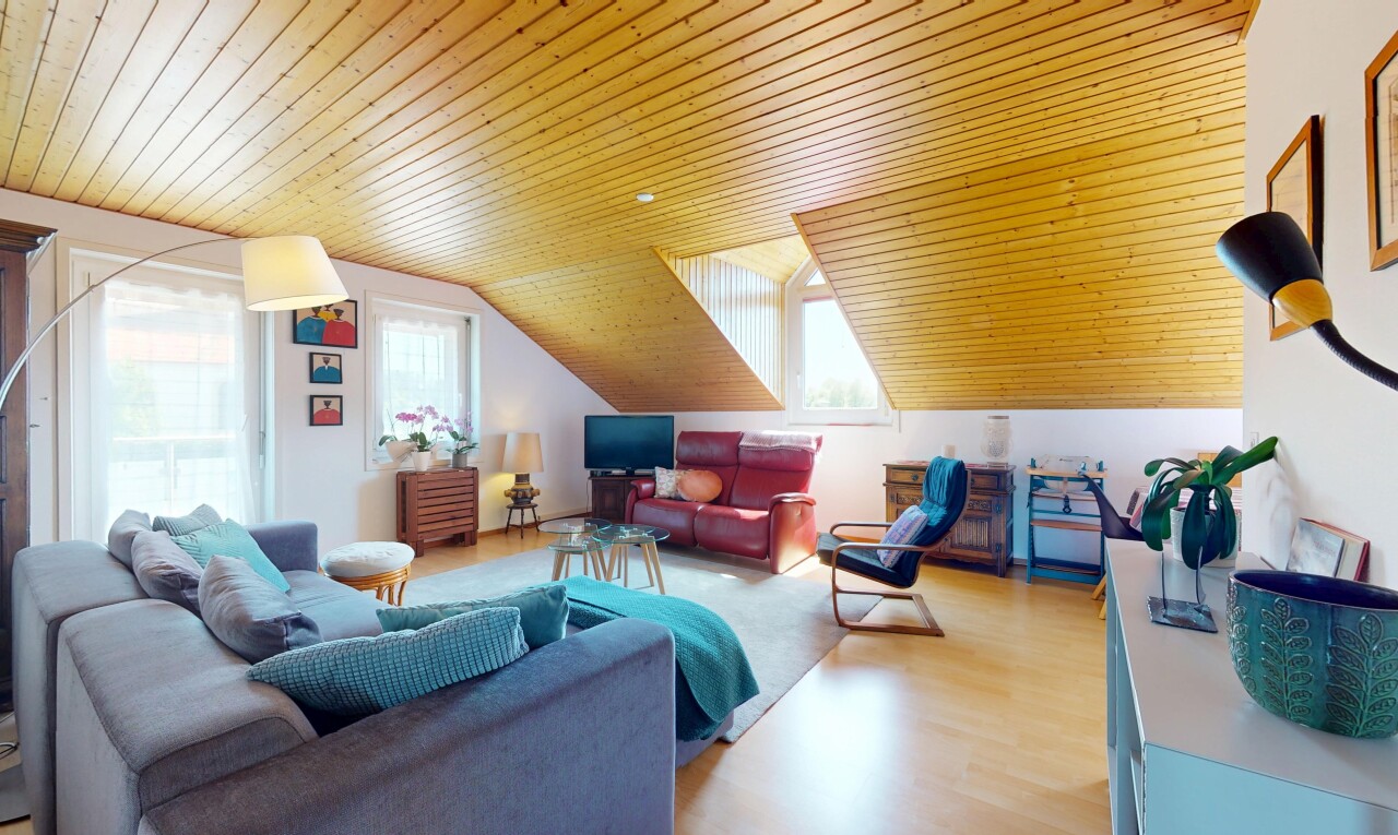 wohnzimmer mit fernseher, zusätzliches zimmer, natürliches licht, natural light, und holzdecke