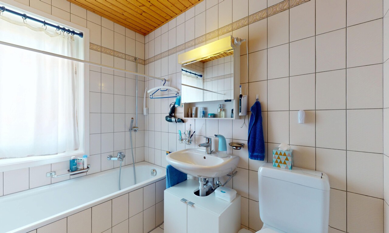bad mit fliesenwand, tile wall, komplettes badezimmer, inside property, und holzdecke