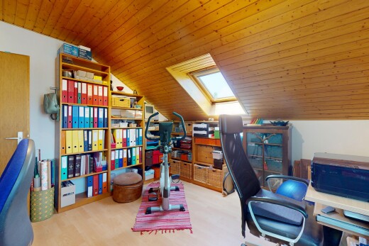 büro mit zusätzliches zimmer, inside property, dachfenster, holzdecke, und wood ceiling