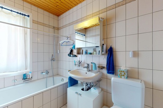 bad mit fliesenwand, tile wall, komplettes badezimmer, inside property, und holzdecke