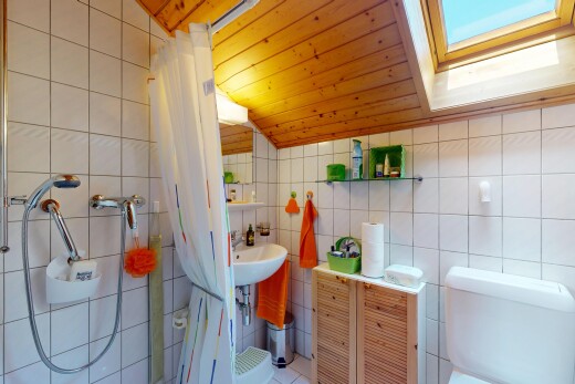 salle de bains avec inside property, mur en carrelage, tile wall, puits de lumière, et plafond en bois