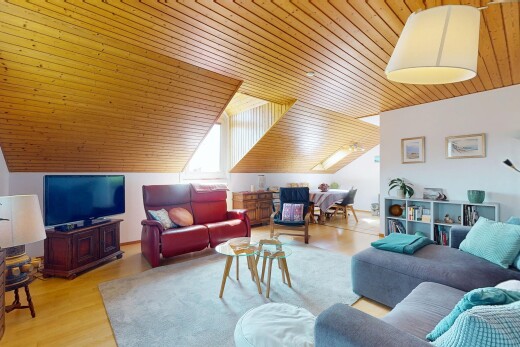 wohn- / esszimmer mit fernseher, zusätzliches zimmer, holzdecke, wood ceiling, und dachschräge