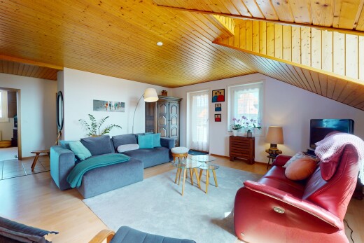 wohnzimmer mit holzdecke, wood ceiling, natürliches licht, natural light, und inside property