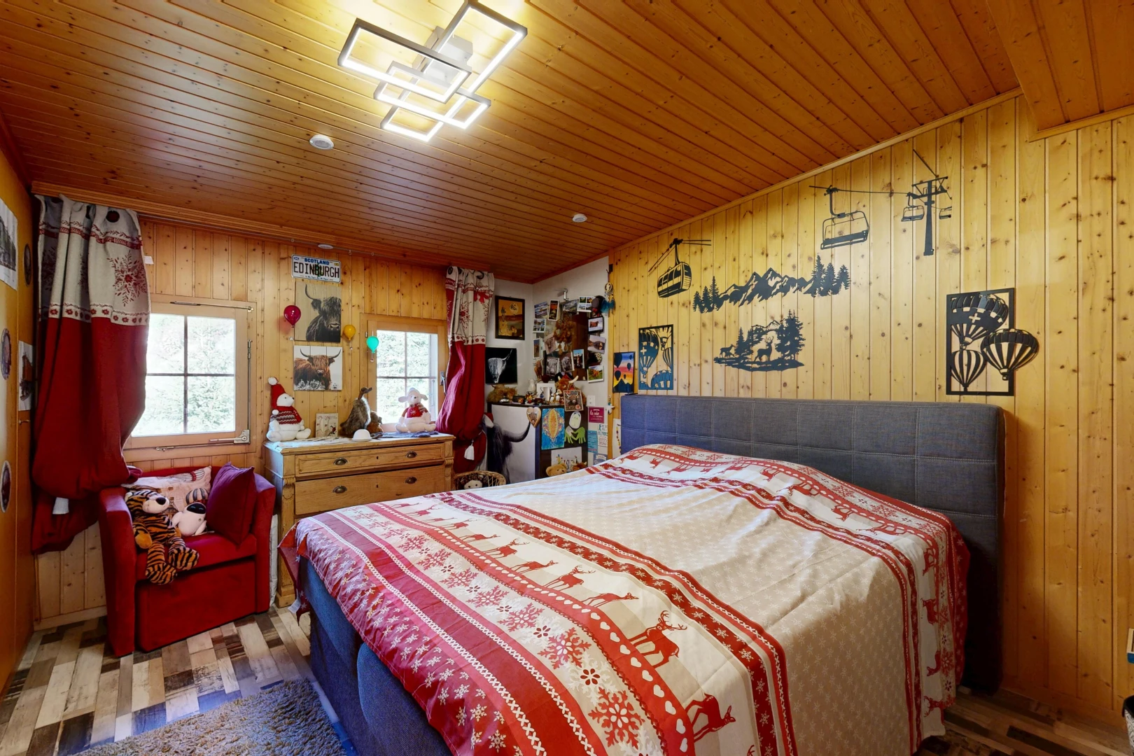room / bedroom with wood walls and wooden ceiling