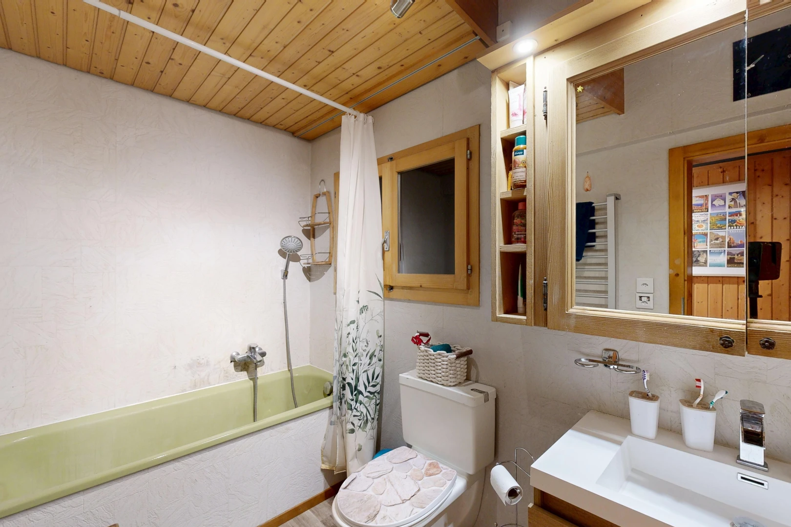 full bathroom with shower / tub combo with curtain, wooden ceiling, and vanity