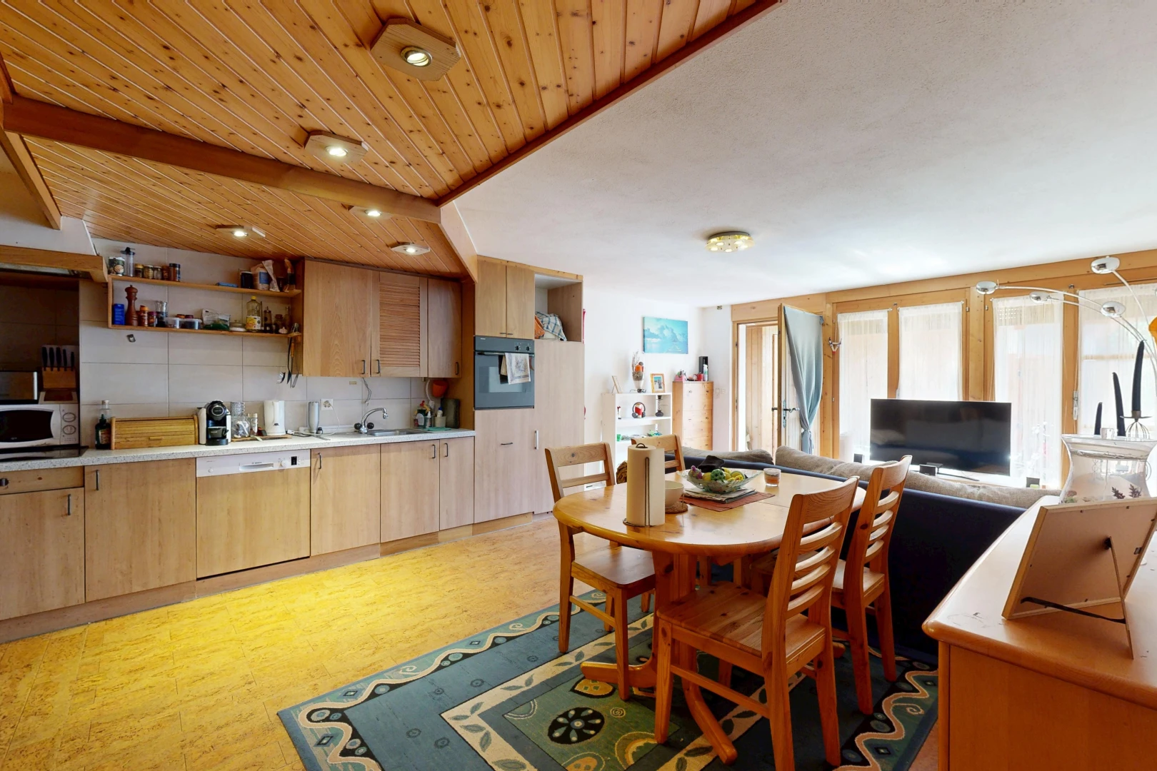 kitchen featuring recessed lighting, light countertops, wood ceiling, open shelves, and dishwashing machine