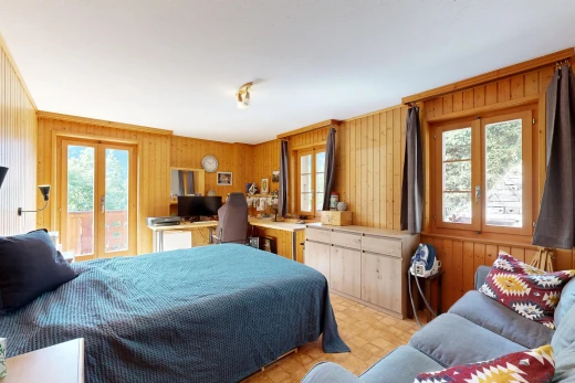 room with wooden walls, access to exterior, and a desk
