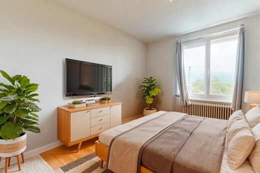 zimmer / schlafzimmer mit fernseher, inside property, gipskartonwand, drywall, und holzfußboden