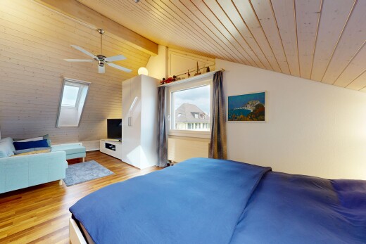 chambre avec sol en finition bois, wood finish floor, lumière naturelle, natural light, et plafond voûté