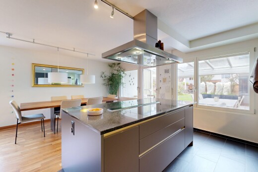 cuisine avec hotte, armoires à panneau plat, flat panel cabinets, éclairage sur rail, et track lighting