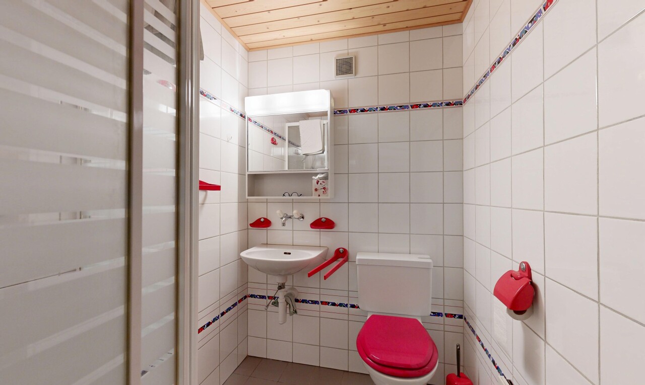 salle de bains avec miroir, toilette, mur en carrelage, tile wall, et inside property