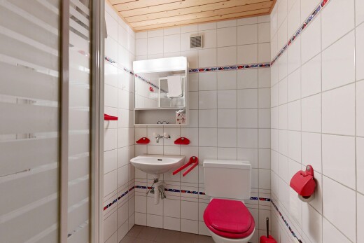 salle de bains avec miroir, toilette, mur en carrelage, tile wall, et inside property