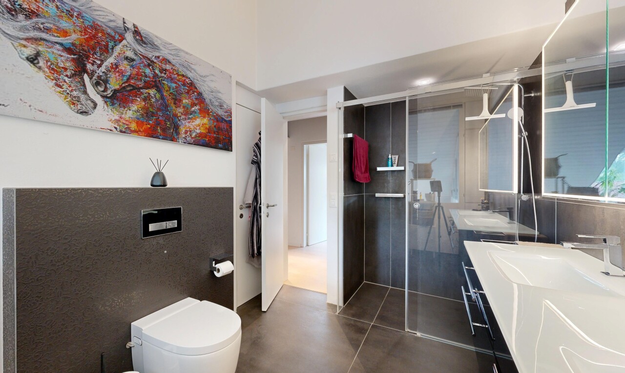 bad mit dusche, komplettes badezimmer, schminktisch, dark floor, und inside property