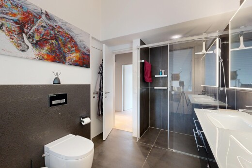 bad mit dusche, komplettes badezimmer, schminktisch, dark floor, und inside property
