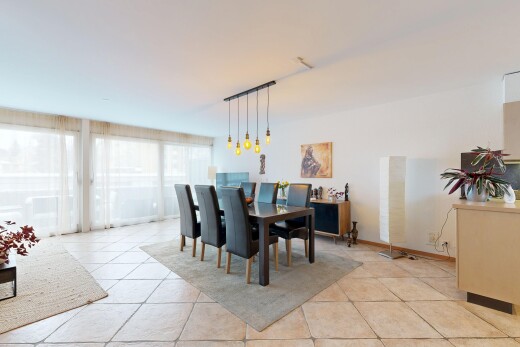 salle à manger avec lumière naturelle, natural light, cloison sèche, drywall, et sol en carrelage