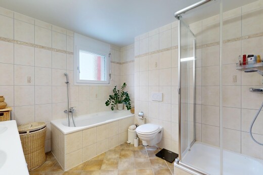 salle de bains avec mur en carrelage, tile wall, salle de bain complète, douche, et lavabo (ou coiffeuse selon le contexte)