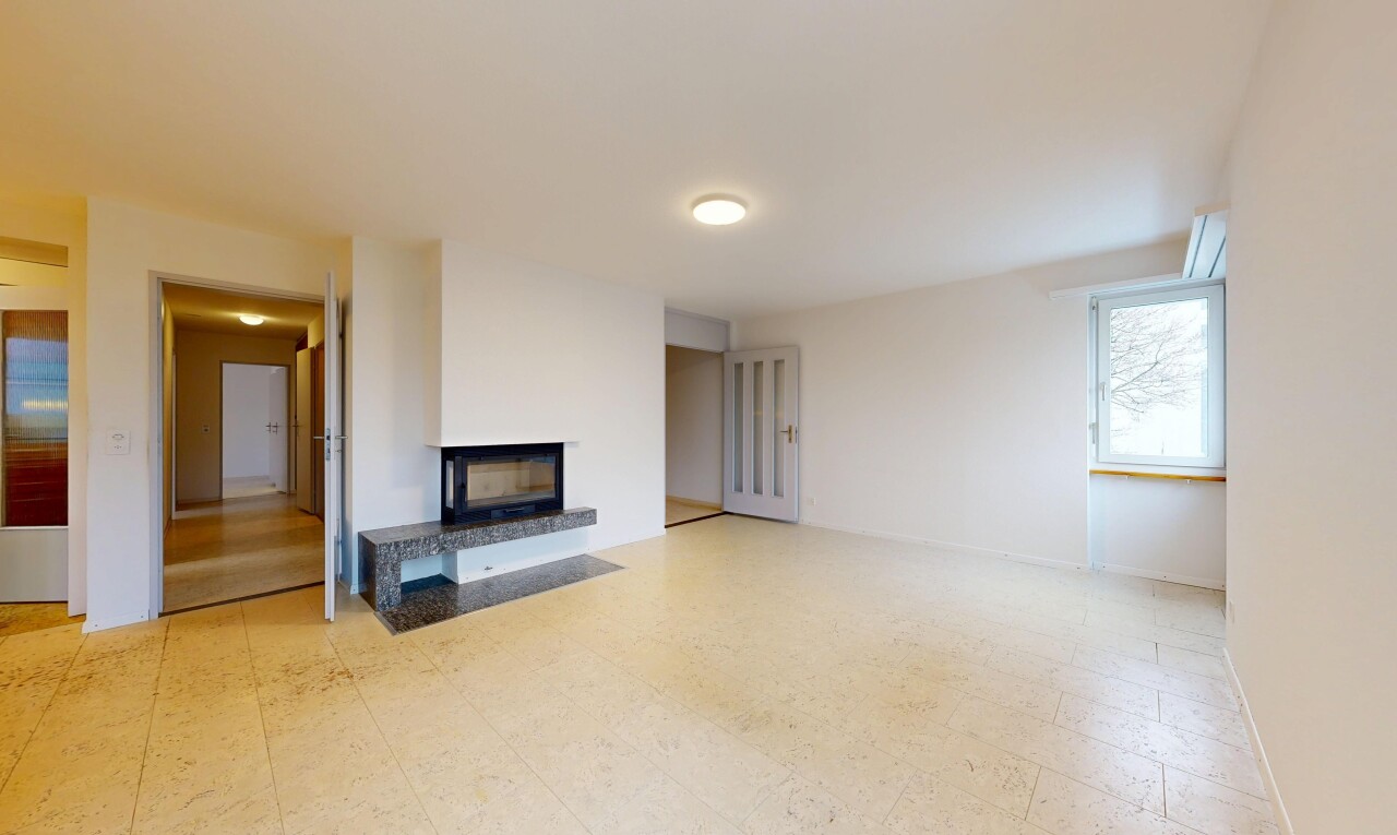 pièce vide avec cheminée, cloison sèche, drywall, sol en vinyle, et vinyl floor