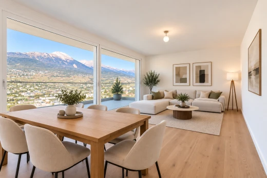 salon / salle à manger avec vue sur la montagne, mountain view, day time, view focus, et wood finish floor