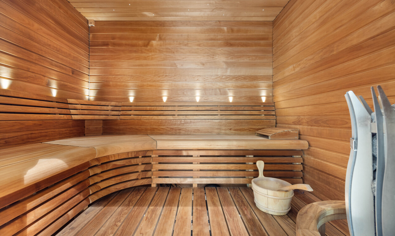 détails avec sauna, wall / siding, ceiling, interior, et hardwood floor