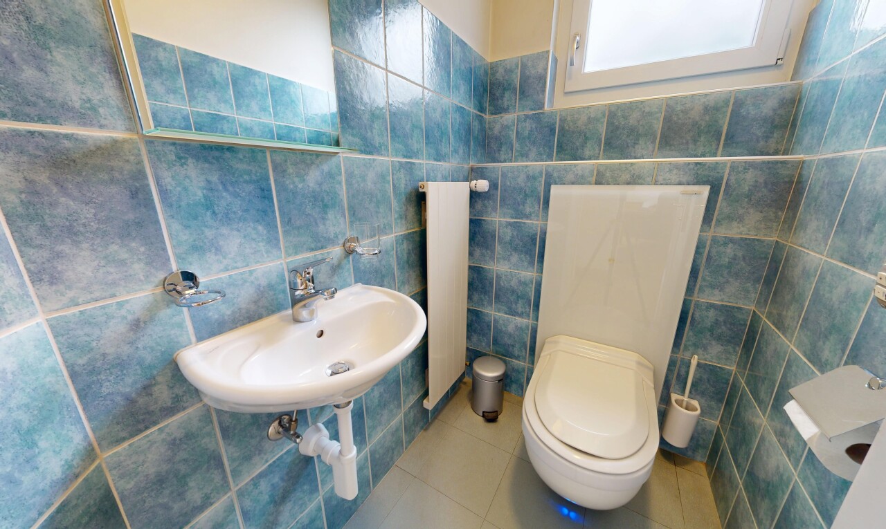 bad mit fliesenwand, tile wall, toilette, gäste-wc, und kühler