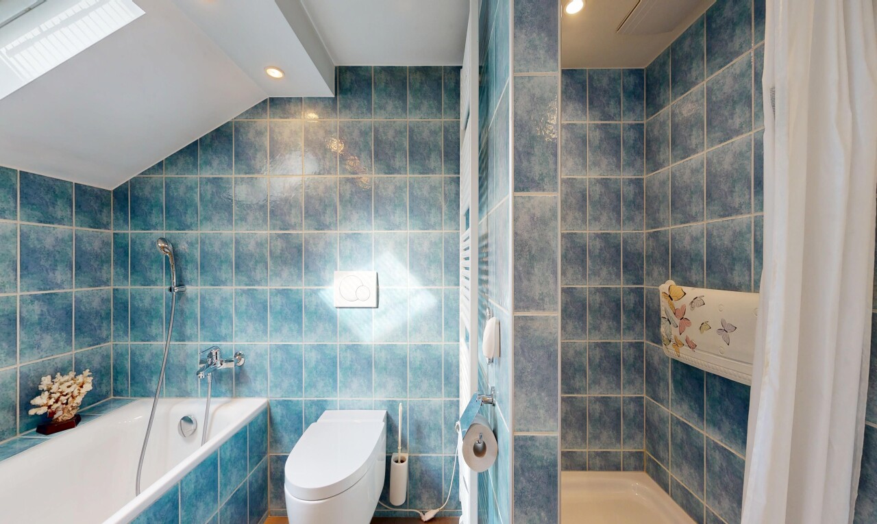 bad mit fliesenwand, tile wall, komplettes badezimmer, inside property, und dusche