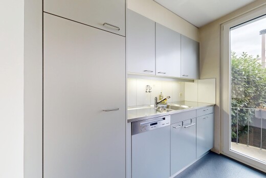 cuisine avec lumière naturelle, natural light, plans de travail, light countertops, et lave-vaisselle