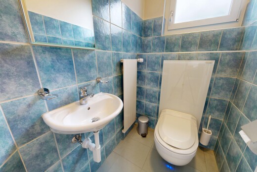 bad mit fliesenwand, tile wall, toilette, gäste-wc, und kühler