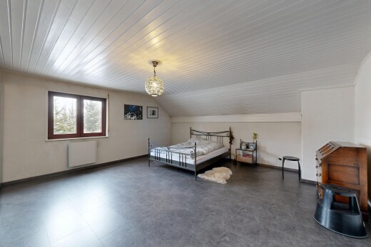 room / bedroom with radiator and vaulted ceiling