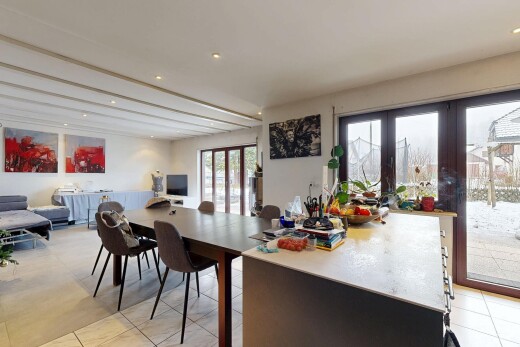 dining room with light tile patterned flooring, french doors, and recessed lighting