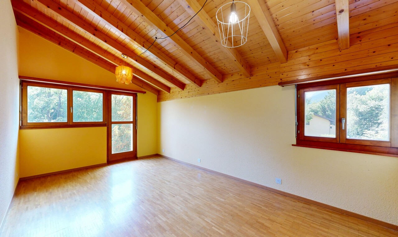 pièce vide avec vaulted ceiling, plafond voûté, éclairage suspendu, beamed ceiling, et plafond à poutres