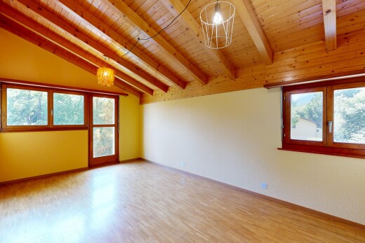 pièce vide avec vaulted ceiling, plafond voûté, éclairage suspendu, beamed ceiling, et plafond à poutres