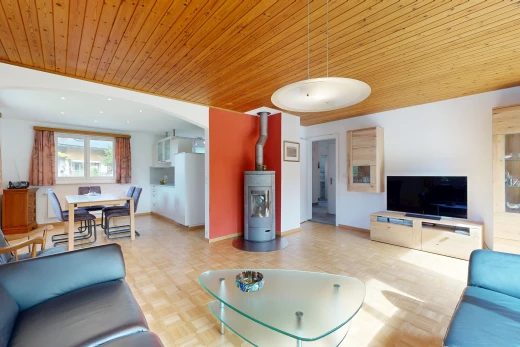 wohn- / esszimmer mit holzofen, holzdecke, wood ceiling, gipskartonwand, und drywall