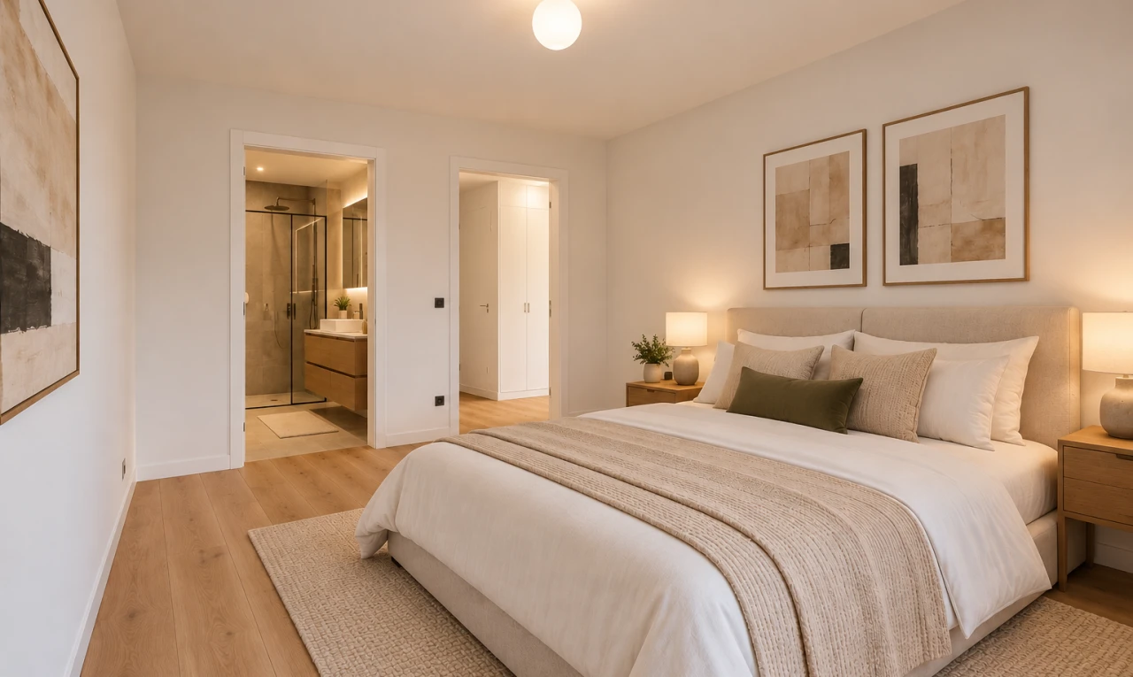 chambre avec drywall, cloison sèche, virtually staged, wood finish floor, et sol en finition bois