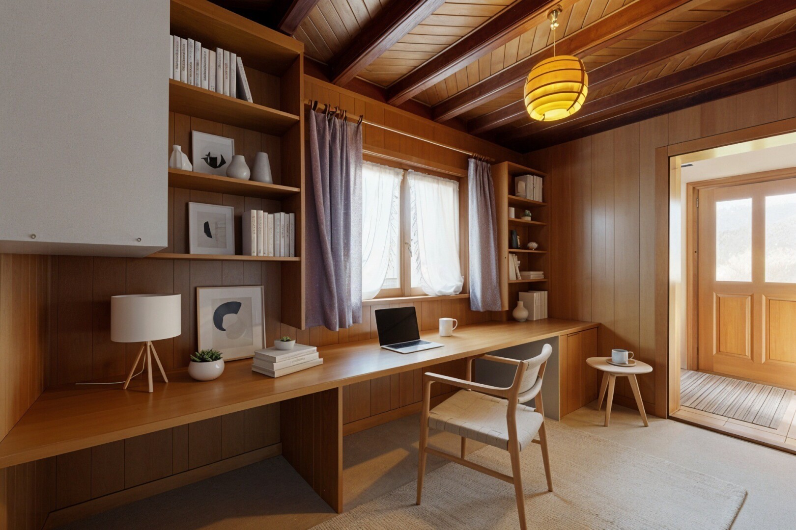 bureau avec plafond en bois, wood ceiling, inside property, mur en bois, et wood wall