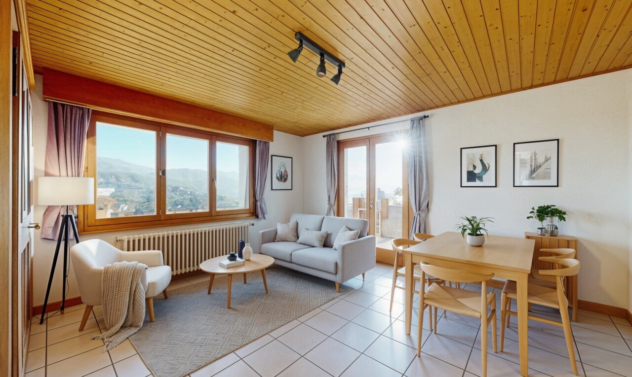salon / salle à manger avec inside property, plafond en bois, wood ceiling, radiateur, et lumière naturelle