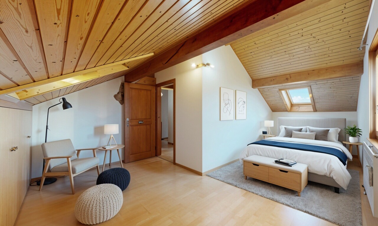 chambre avec sol en finition bois, wood finish floor, plafond en bois, wood ceiling, et plafond à poutres