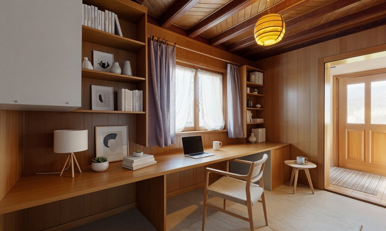 bureau avec plafond en bois, wood ceiling, inside property, mur en bois, et wood wall