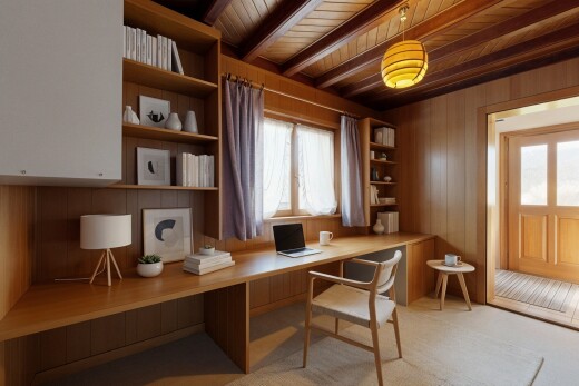 bureau avec plafond en bois, wood ceiling, inside property, mur en bois, et wood wall
