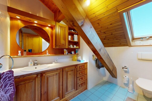 salle de bains avec lavabo (ou coiffeuse selon le contexte), mur en carrelage, tile wall, plafond voûté, et vaulted ceiling