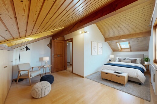 chambre avec sol en finition bois, wood finish floor, plafond en bois, wood ceiling, et plafond à poutres