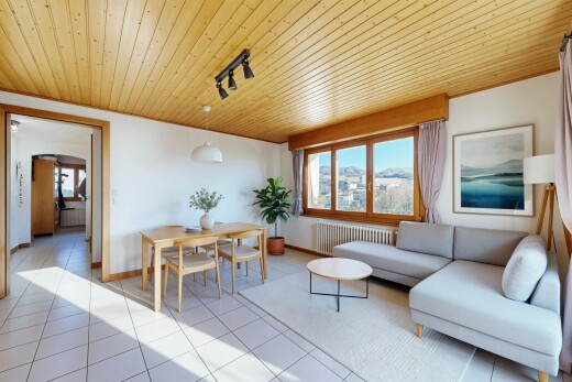 salon / salle à manger avec plafond en bois, wood ceiling, inside property, day time, et radiateur