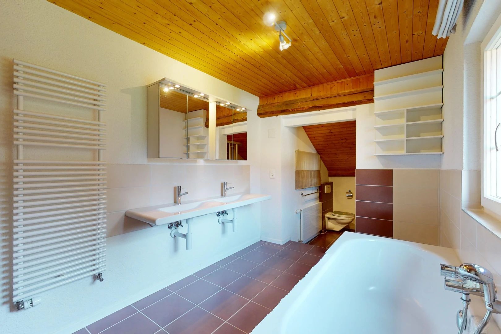 bathroom with wood ceiling, radiator, a tub to relax in, and tile patterned floors