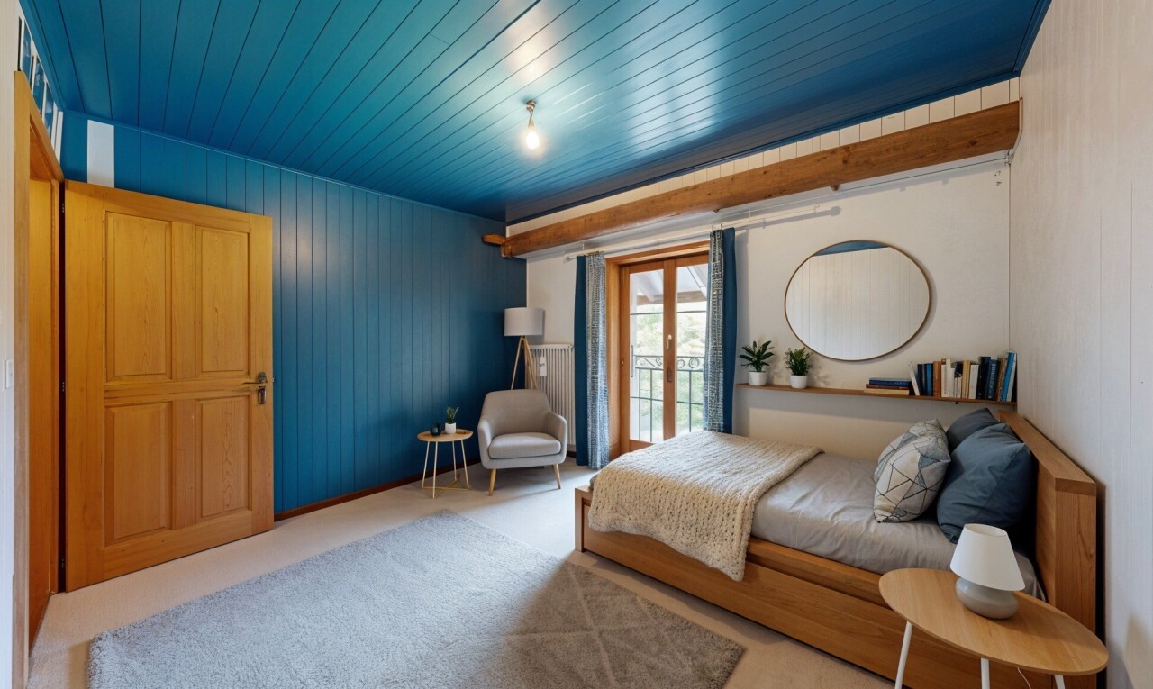 room / bedroom with wooden walls, carpet floors, and access to outside