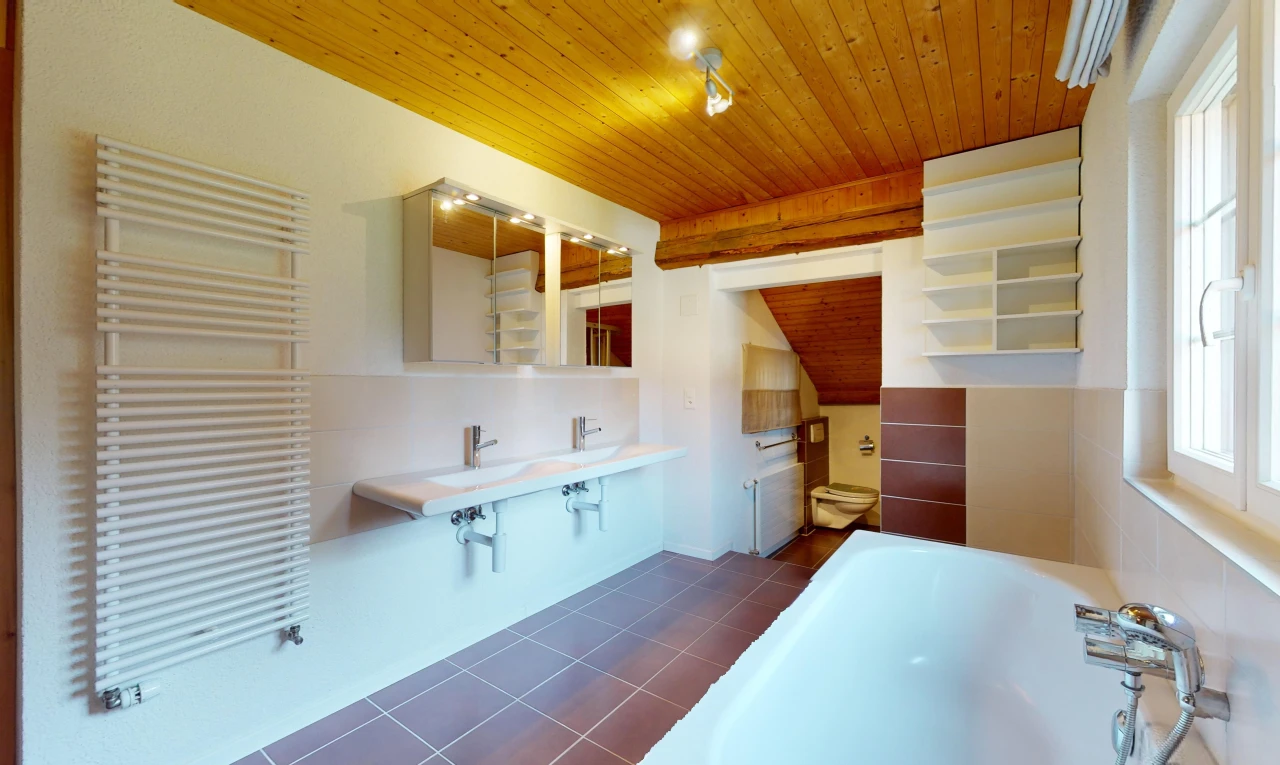 bathroom with wood ceiling, radiator, a tub to relax in, and tile patterned floors