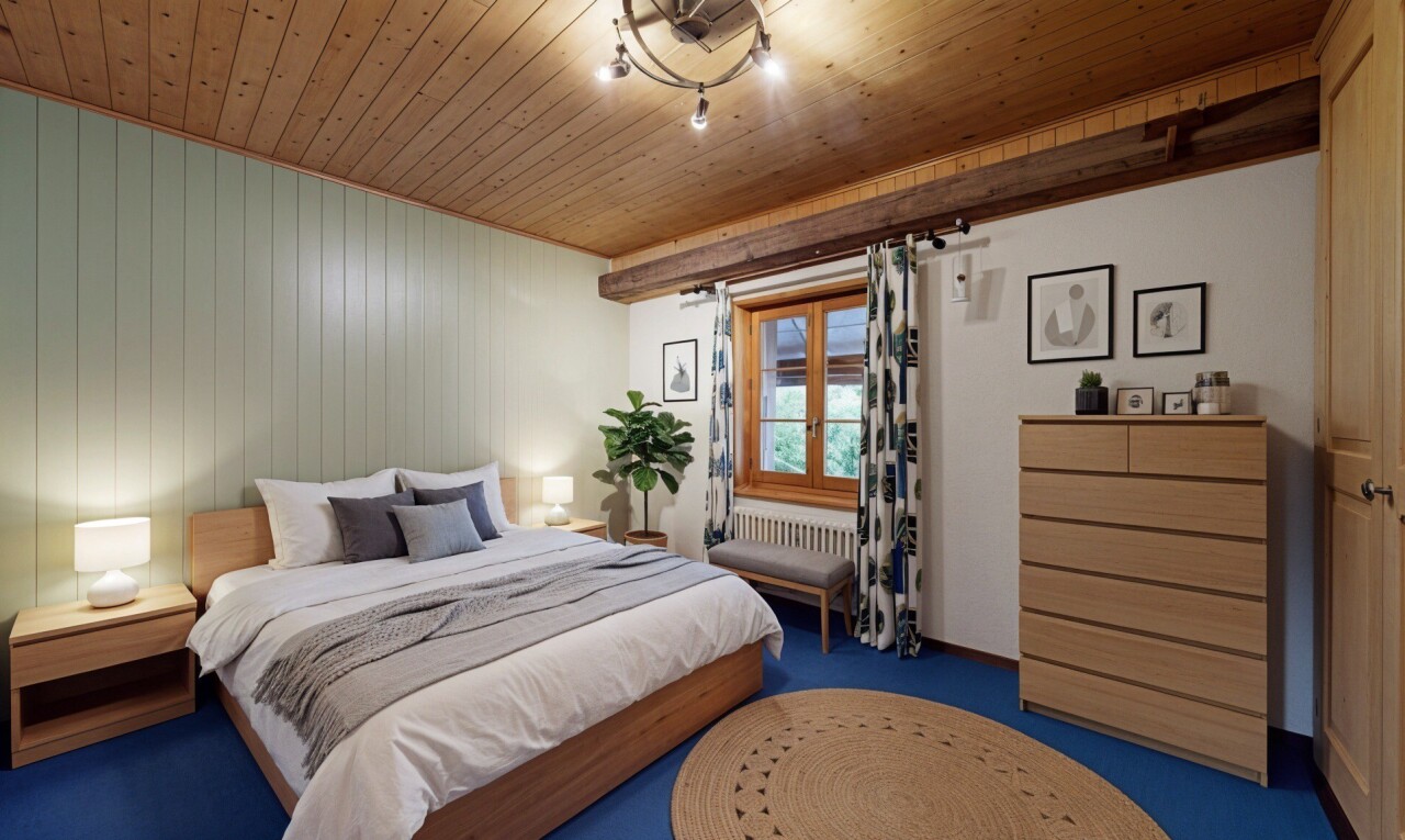 carpeted room featuring wood ceiling