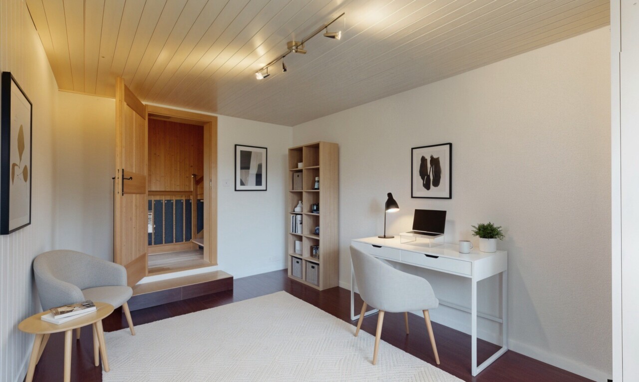 office area with wooden ceiling, track lighting, and dark wood-style floors